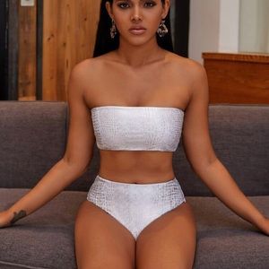 HOLOGRAPHIC BANDEAU HIGH WAISTED BIKINI